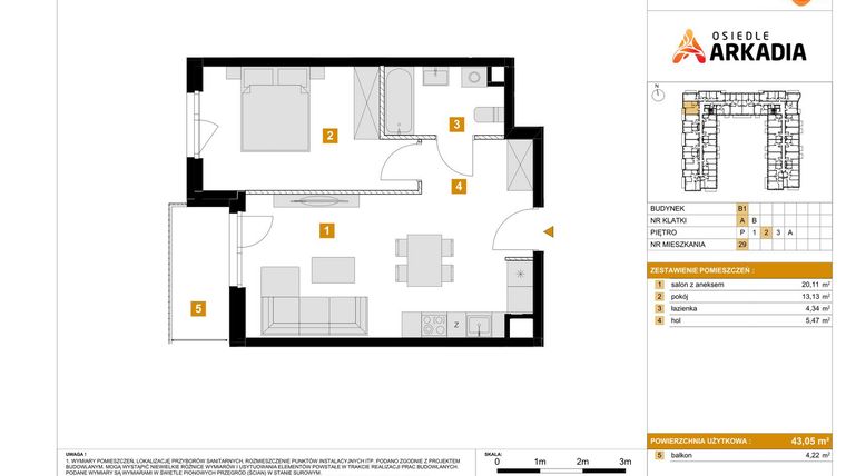Rzut - Mieszkanie na sprzedaż 2 pokoje o powierzchni 43,05 m² - numer B1.29 w Osiedle Arkadia etap 2