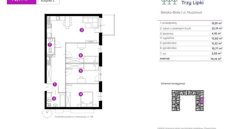 Rzut - Mieszkanie na sprzedaż 2 pokoje o powierzchni 75,99 m² - numer 2.B.3.03 w Murapol Trzy Lipki etap II