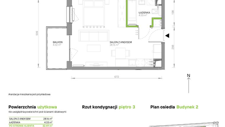 Rzut - Mieszkanie na sprzedaż 1 pokój o powierzchni 32,49 m² - numer III.3/2/32 w Via Flora
