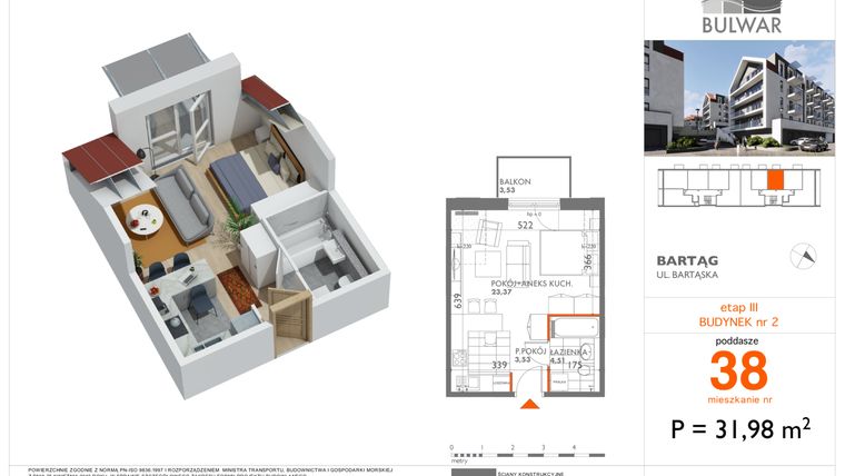 Rzut - Mieszkanie na sprzedaż 1 pokój o powierzchni 31,98 m² - numer 38 w Bulwar bud. 2
