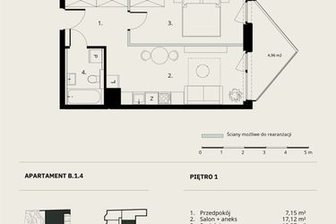 Rzut - Mieszkanie na sprzedaż 2 pokoje o powierzchni 41,44 m² - numer B/1/4 w Ogrodowa 12