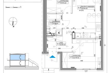 Rzut - Mieszkanie na sprzedaż 3 pokoje o powierzchni 56,89 m² - numer 60B w Osiedle Młodych etap IX