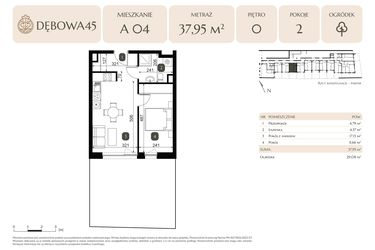 Rzut - Mieszkanie na sprzedaż 2 pokoje o powierzchni 37,95 m² - numer A.04 w Dębowa 45