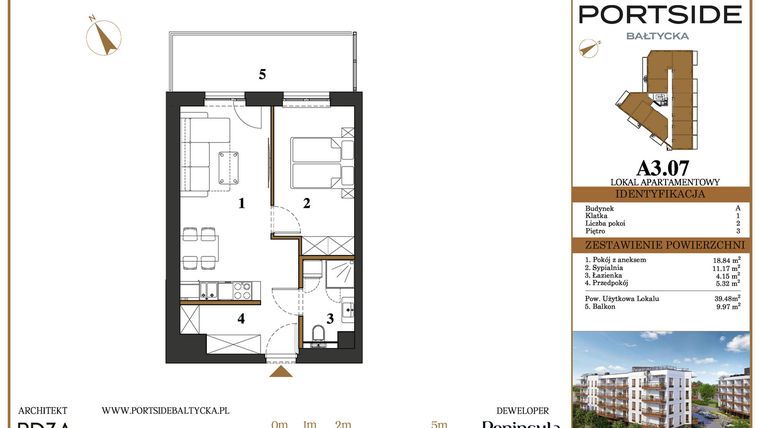 Rzut - Mieszkanie na sprzedaż 2 pokoje o powierzchni 39,48 m² - numer A3.07 w Portside Bałtycka