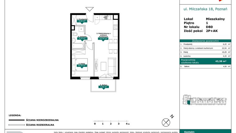 Rzut - Mieszkanie na sprzedaż 2 pokoje o powierzchni 43,38 m² - numer D80 w Milczańska 18