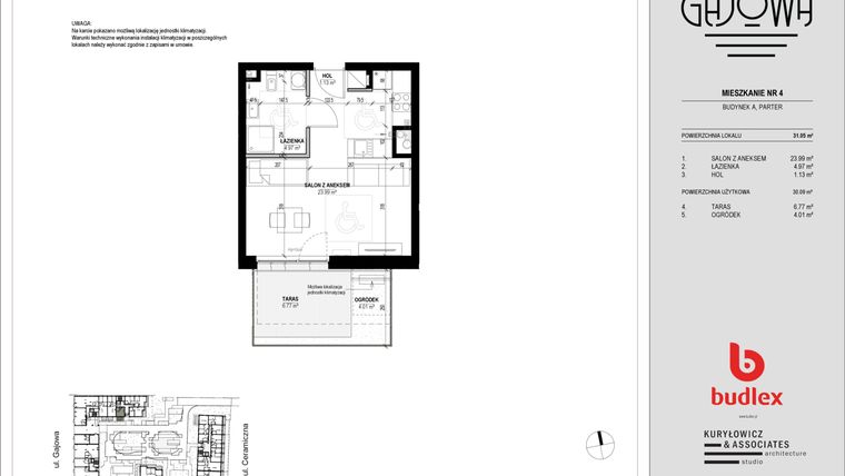 Rzut - Mieszkanie na sprzedaż 1 pokój o powierzchni 30,44 m² - numer 4 w Gajowa bud. A