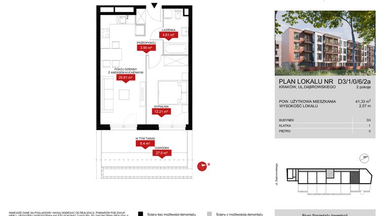 Rzut - Mieszkanie na sprzedaż 2 pokoje o powierzchni 41,5 m² - numer D3 1/0/6/2a w Dąbrowskiego Stare Podgórze