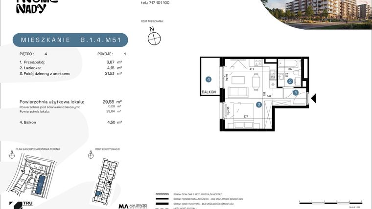 Rzut - Mieszkanie na sprzedaż 1 pokój o powierzchni 29,55 m² - numer B.1.4.M51 w Nowe Promenady etap II