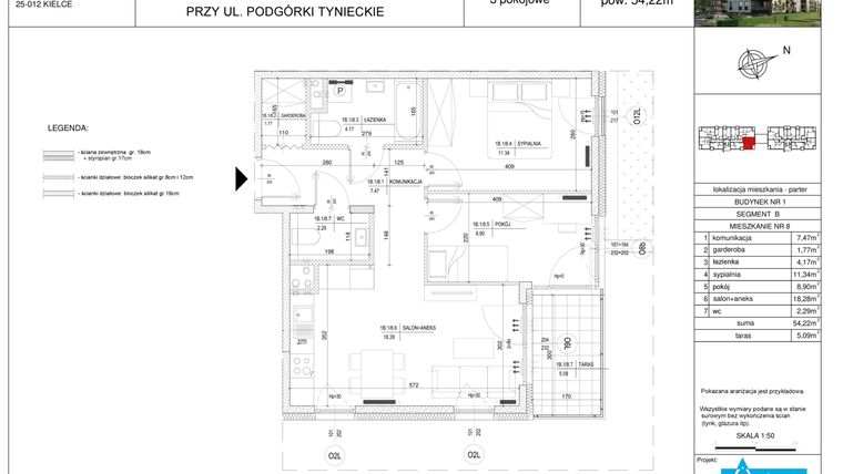 Rzut - Mieszkanie na sprzedaż 3 pokoje o powierzchni 54,22 m² - numer B8 w Podgórki Tynieckie