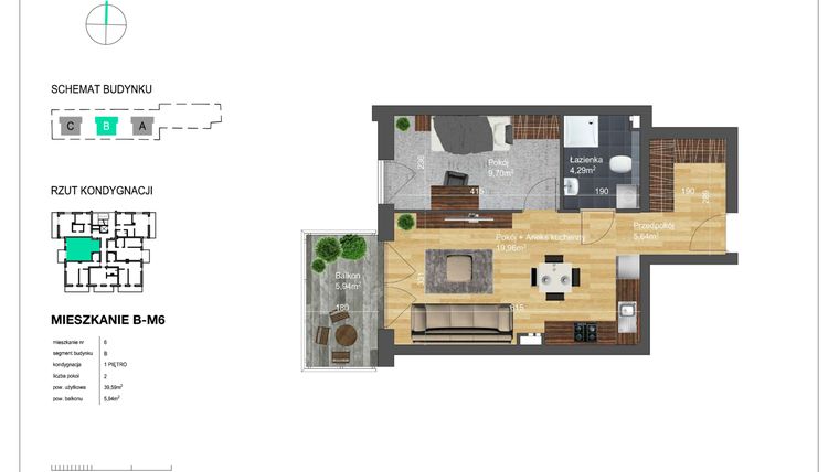 Rzut - Mieszkanie na sprzedaż 2 pokoje o powierzchni 39,59 m² - numer B-M6 w Bunscha Park 4.0