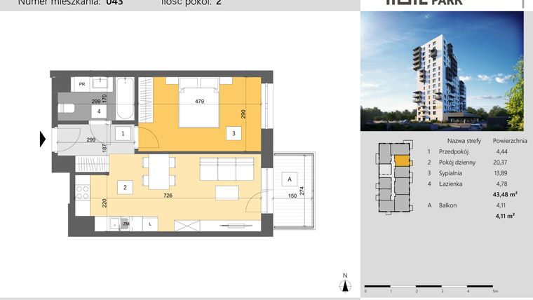 Rzut - Mieszkanie na sprzedaż 2 pokoje o powierzchni 43,48 m² - numer 43 w Dworzysko Park - Etap III