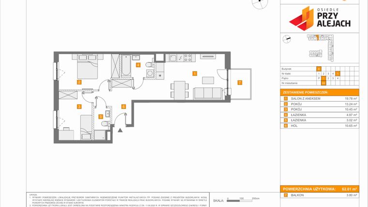 Rzut - Mieszkanie na sprzedaż 3 pokoje o powierzchni 62,01 m² - numer B93 w Osiedle Przy Alejach etap 2