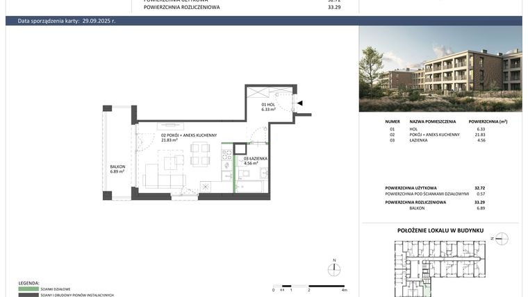 Rzut - Mieszkanie na sprzedaż 1 pokój o powierzchni 32,72 m² - numer B-45 w Hillence etap 2