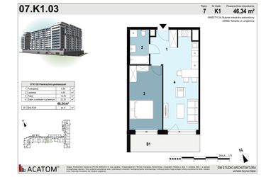 Rzut - Mieszkanie na sprzedaż 2 pokoje o powierzchni 46,34 m² - numer 07.K1.03 w Langiewicza 37