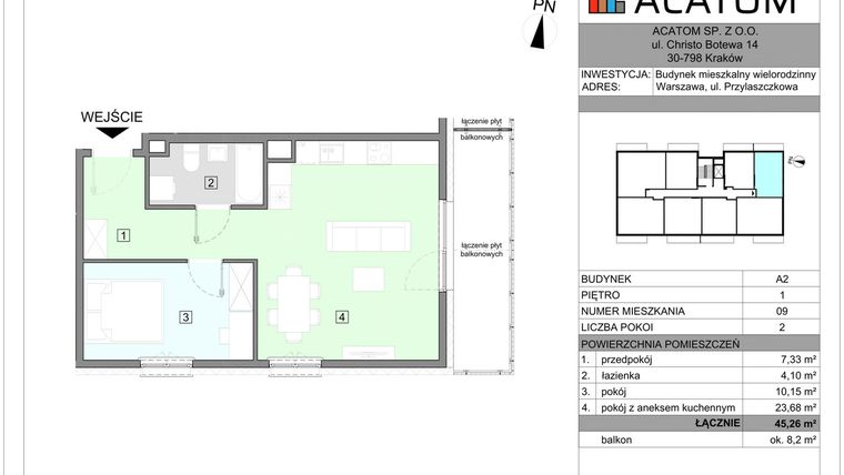 Rzut - Mieszkanie na sprzedaż 2 pokoje o powierzchni 45,26 m² - numer A2.9 w Wawer Go 2.0
