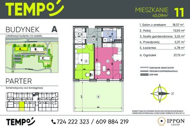 Rzut - Mieszkanie na sprzedaż 2 pokoje o powierzchni 45,09 m² - numer A11 w Osiedle TEMPO