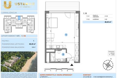 Rzut - Mieszkanie na sprzedaż 1 pokój o powierzchni 46,45 m² - numer 1.18 w Ustronie Luxury Apartments