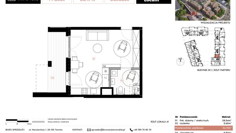 Rzut - Mieszkanie na sprzedaż 1 pokój o powierzchni 34,19 m² - numer B1.1.41 w Browary Tarnowskie etap 1