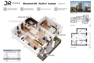 Rzut - Mieszkanie na sprzedaż 3 pokoje o powierzchni 62,05 m² - numer M2 w JR Nowa