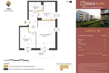 Rzut - Mieszkanie na sprzedaż 3 pokoje o powierzchni 55,39 m² - numer 36 w Stacja Błonie etap II