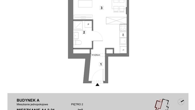 Rzut - Mieszkanie na sprzedaż 1 pokój o powierzchni 28 m² - numer A1.2.21 w ATAL Grabiszyn