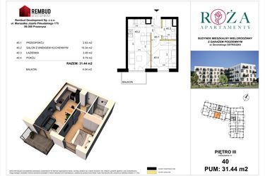 Rzut - Mieszkanie na sprzedaż 2 pokoje o powierzchni 31,44 m² - numer M  40 w Apartamenty Róża