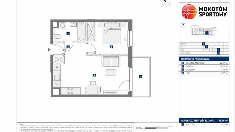 Rzut - Mieszkanie na sprzedaż 2 pokoje o powierzchni 41,49 m² - numer B.59 w Mokotów Sportowy