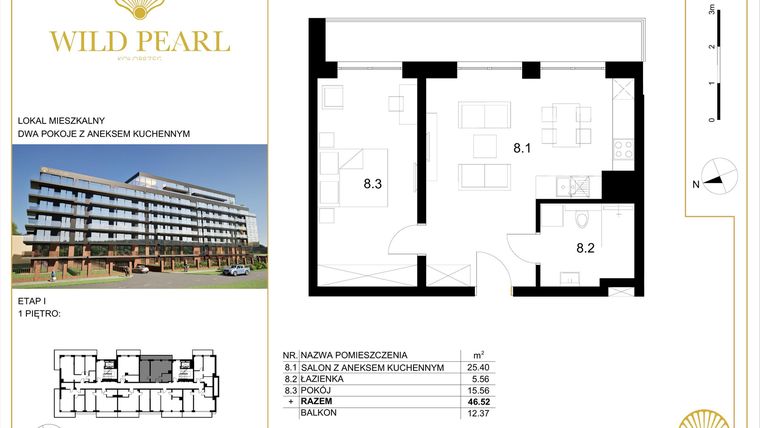 Rzut - Mieszkanie na sprzedaż 2 pokoje o powierzchni 46,52 m² - numer 1.8 w Wild Pearl