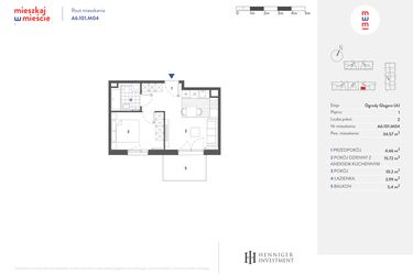 Rzut - Mieszkanie na sprzedaż 2 pokoje o powierzchni 34,24 m² - numer A6.101.M04 w Mieszkaj w mieście - Ogrody Glogera