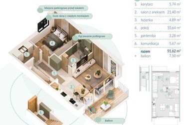 Rzut - Mieszkanie na sprzedaż 2 pokoje o powierzchni 51,62 m² - numer A.2.2 w Enklawa