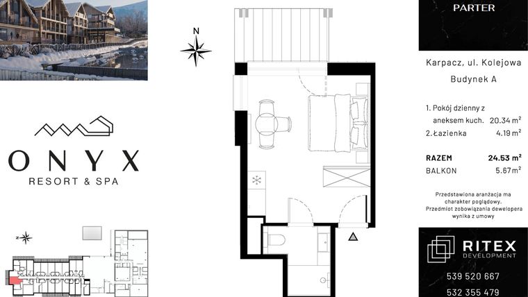 Rzut - Mieszkanie na sprzedaż 1 pokój o powierzchni 24,53 m² - numer 00.A8 w Onyx Resort & Spa