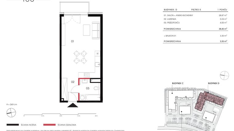 Rzut - Mieszkanie na sprzedaż 1 pokój o powierzchni 38,45 m² - numer D 5.08 w Naramowicka 100