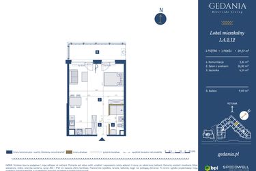 Rzut - Mieszkanie na sprzedaż 1 pokój o powierzchni 39,27 m² - numer I.A.2.12 w GEDANIA Riverside Living