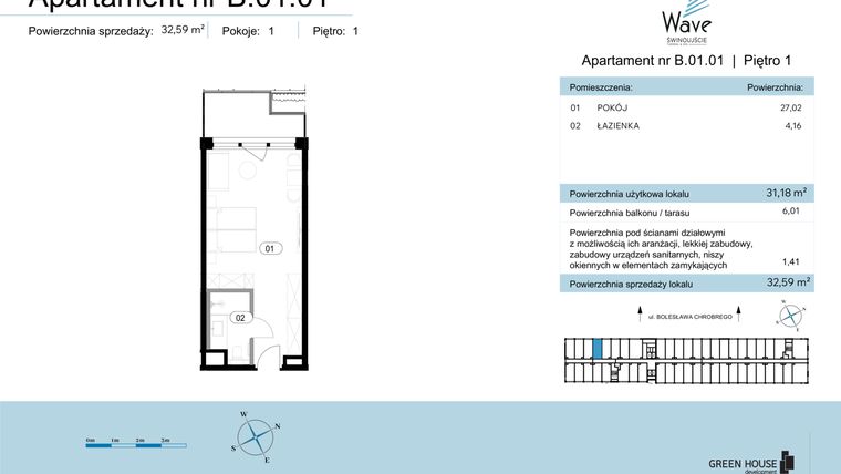 Rzut - Mieszkanie na sprzedaż 1 pokój o powierzchni 32,59 m² - numer B.01.01 w Wave Świnoujście Thermal & Spa
