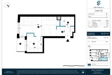 Rzut - Mieszkanie na sprzedaż 2 pokoje o powierzchni 45,27 m² - numer M03 w Krypska 33