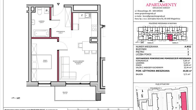 Rzut - Mieszkanie na sprzedaż 2 pokoje o powierzchni 44,66 m² - numer A.32 w Apartamenty Grójeckie Ogrody