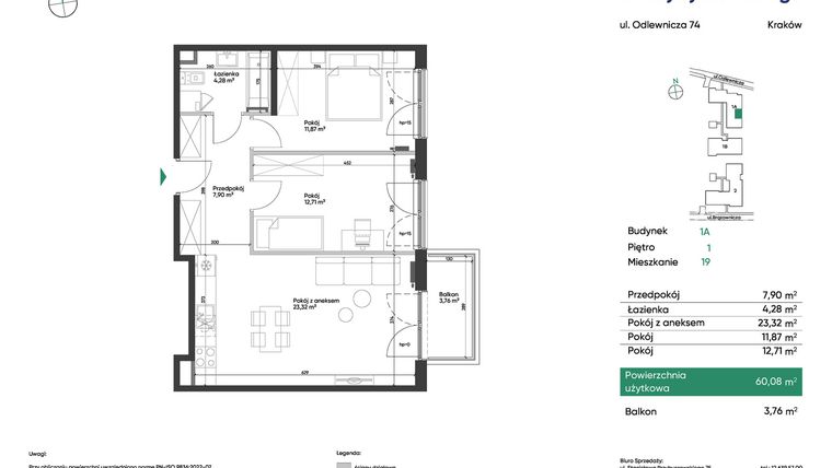 Rzut - Mieszkanie na sprzedaż 3 pokoje o powierzchni 60,08 m² - numer 1A_M19 w U Przybyszewskiego etap 4