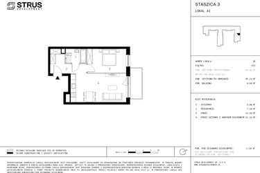 Rzut - Mieszkanie na sprzedaż 2 pokoje o powierzchni 45,22 m² - numer 7.A1 w Staszica 3