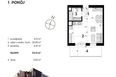 Rzut - Mieszkanie na sprzedaż 1 pokój o powierzchni 33,12 m² - numer OK-53 w OKI DOKI