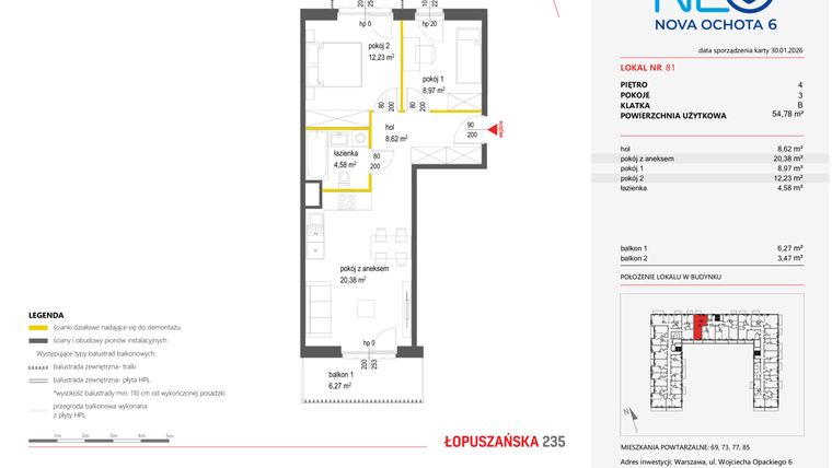 Rzut - Mieszkanie na sprzedaż 3 pokoje o powierzchni 54,78 m² - numer 81 w Neo Nova Ochota 6