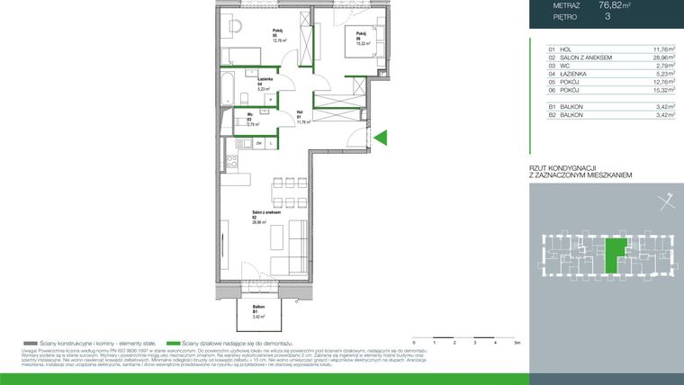 Rzut - Mieszkanie na sprzedaż 3 pokoje o powierzchni 76,82 m² - numer E.1.3.04 w Aroma Park Lofty