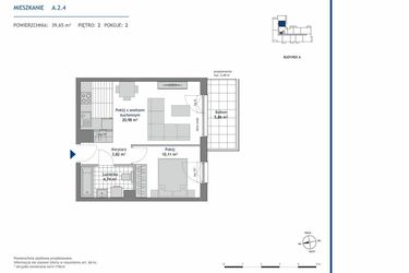 Rzut - Mieszkanie na sprzedaż 2 pokoje o powierzchni 39,65 m² - numer A.2.4 w Linea bud. A