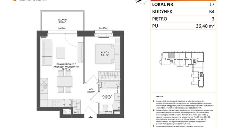 Rzut - Mieszkanie na sprzedaż 2 pokoje o powierzchni 36,4 m² - numer B4.17 w Osiedle Przy Błoniach 3 etap III