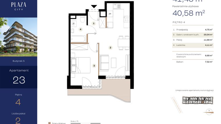 Rzut - Mieszkanie na sprzedaż 2 pokoje o powierzchni 41,48 m² - numer B5M23 w Plaza City