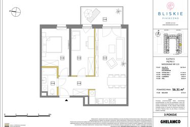 Rzut - Mieszkanie na sprzedaż 3 pokoje o powierzchni 56,31 m² - numer 113 w Bliskie Piaseczno 2