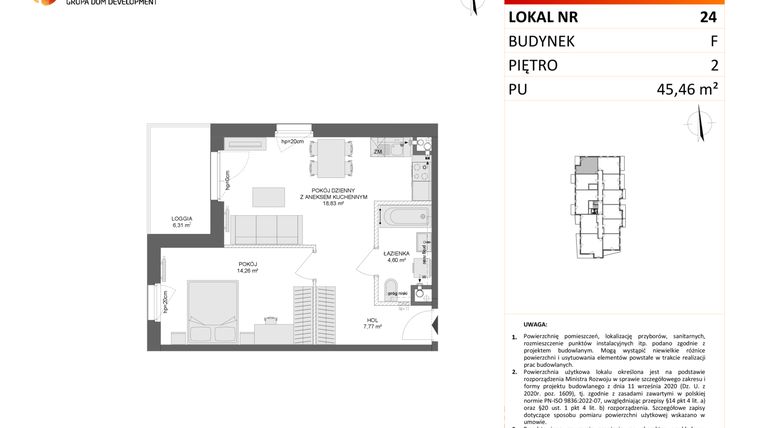 Rzut - Mieszkanie na sprzedaż 2 pokoje o powierzchni 45,73 m² - numer F.24 w Osiedle Synteza etap IV