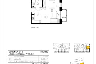 Rzut - Mieszkanie na sprzedaż 1 pokój o powierzchni 31,57 m² - numer 3B-1.2 w Gardenia Pogodno