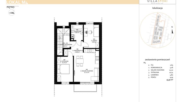 Rzut - Mieszkanie na sprzedaż 3 pokoje o powierzchni 53,92 m² - numer M4 w Villa Stoki (mieszkania)