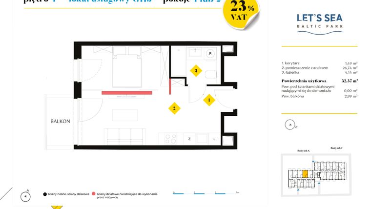 Rzut - Mieszkanie na sprzedaż 1 pokój o powierzchni 32,37 m² - numer G113 w Let's Sea Baltic Park II