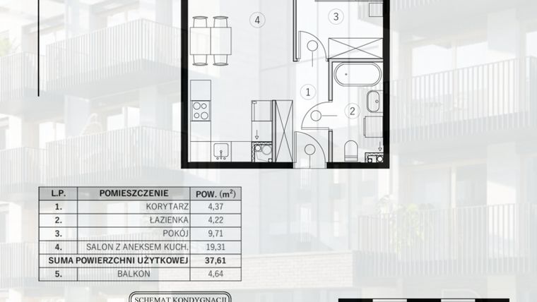 Rzut - Mieszkanie na sprzedaż 2 pokoje o powierzchni 37,61 m² - numer 40 w Młody Straszyn Park VI - bud. B